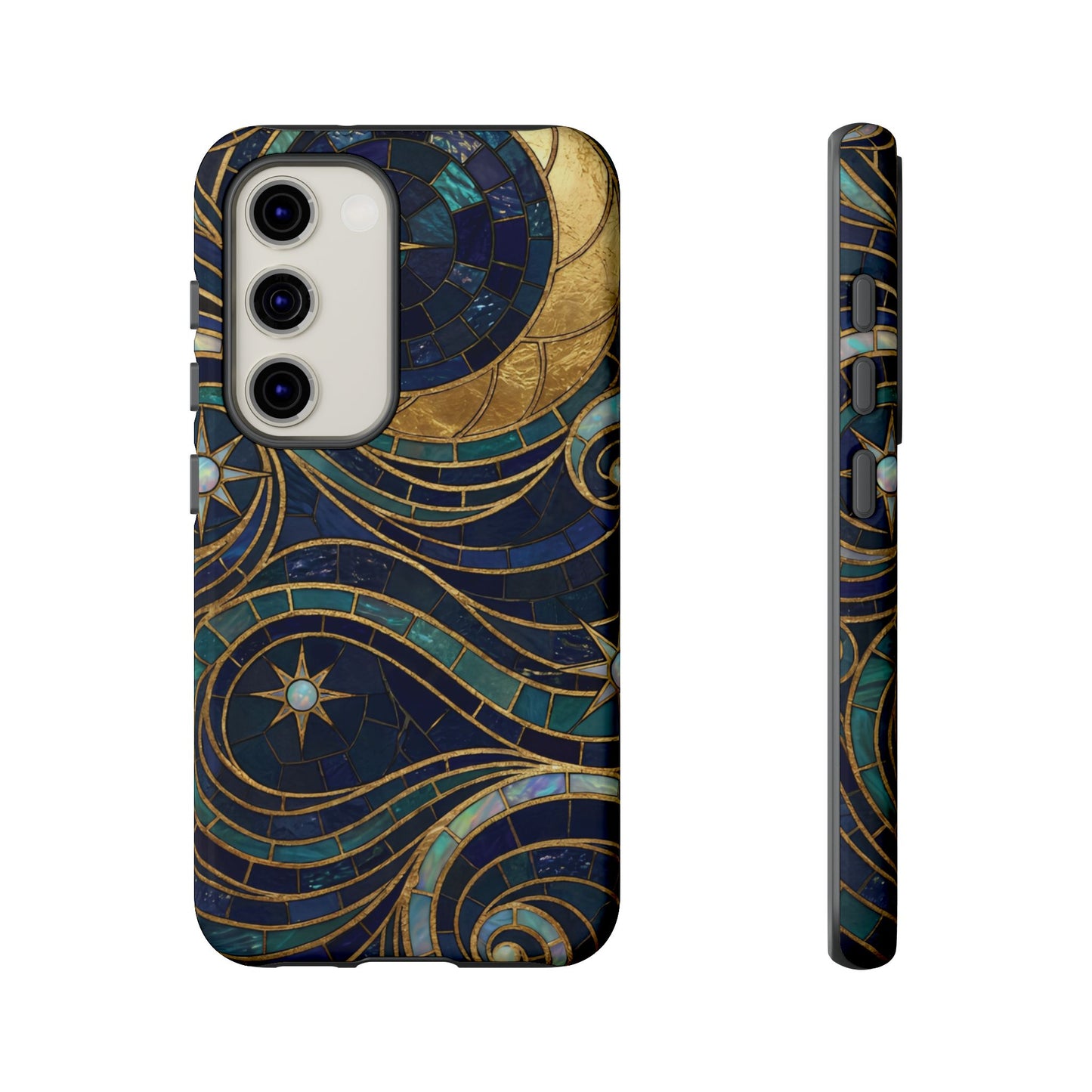 Elegant Navy & Gold Crescent Moon Mosaic Phone Case