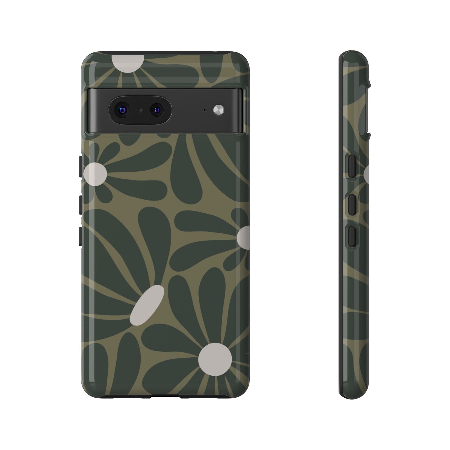 Google Pixel 7 / Glossy Phone Case - ’Retro Olive Green Daisy Pattern’ Phone Case