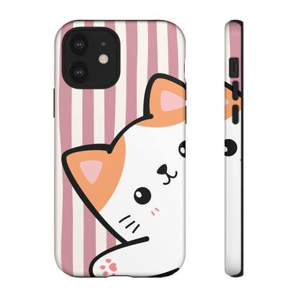 Playful Peakaboo Cat with Pink Stripe Pattern Phone Case - Pink Phone Case - iPhone 12 / Glossy