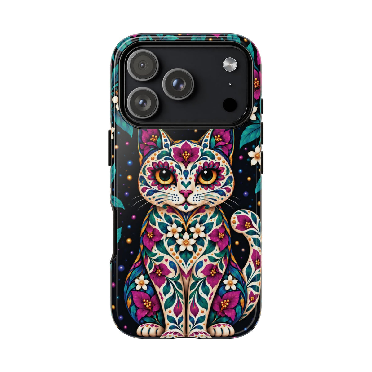 Vibrant Purple and Teal Calavera Cat Phone Case - Multicolor Phone Case - iPhone 18 Pro / Glossy