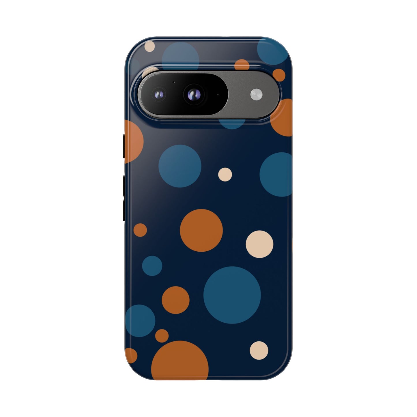 Google Pixel 9 / Glossy Phone Case - ’Bold Navy Blue & Orange / White Dot Pattern’ Phone Case