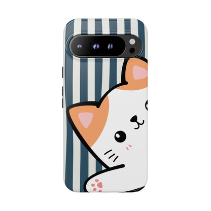 Playful Peakaboo Cat with Blue Stripe Pattern Phone Case - Blue Phone Case - Google Pixel 9 Pro XL / Glossy