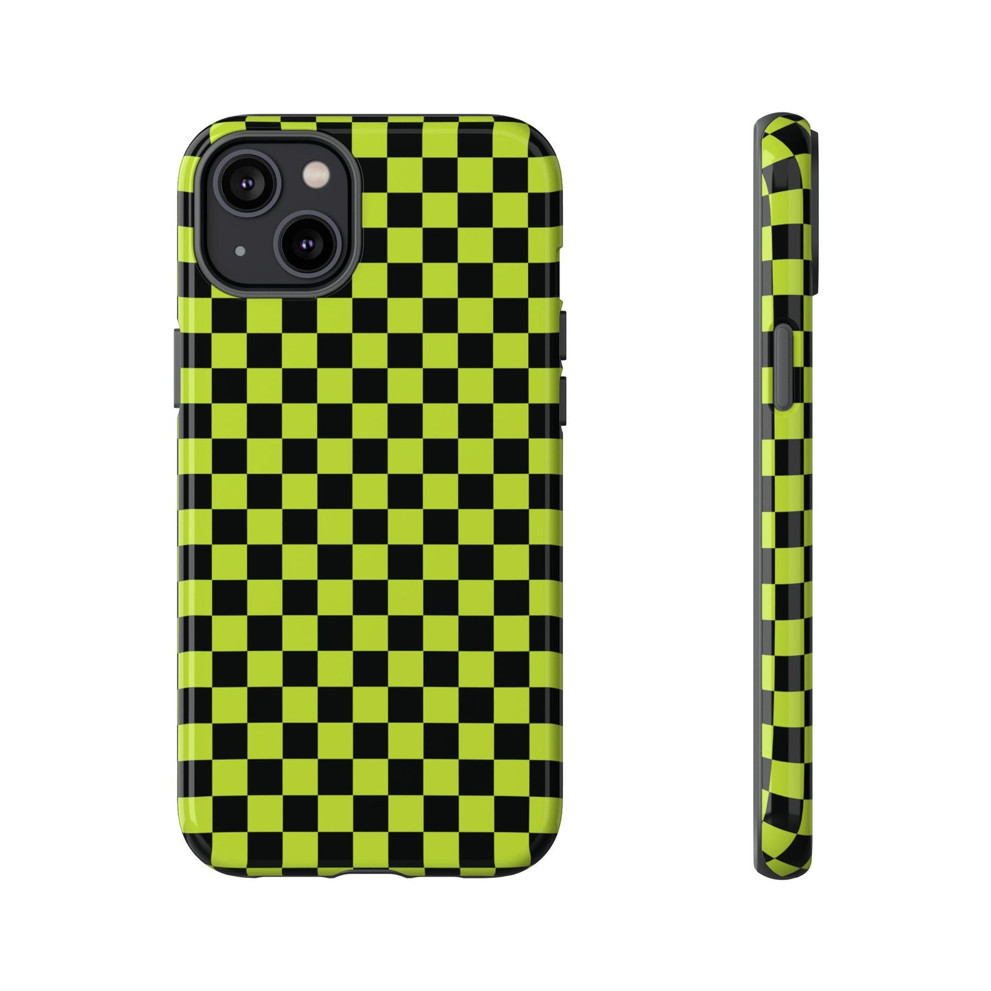 iPhone 14 Plus / Glossy Phone Case - Trendy Neon Lime Green & Plum Small Checked Pattern Phone Case