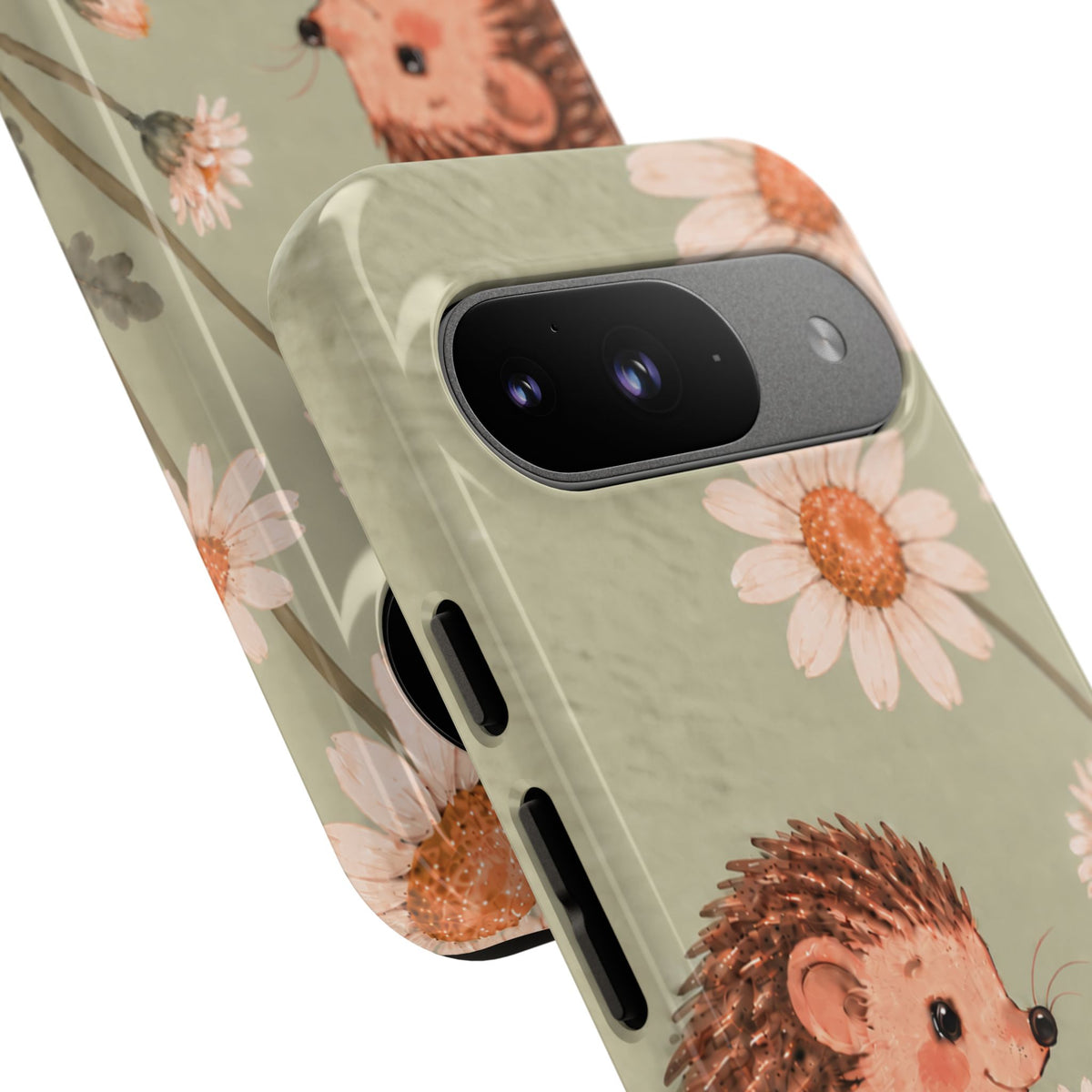 Whimsical Sage Green Hedgehog and Daisy Chain Phone Case - Green Phone Case