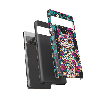 Vibrant Purple and Teal Calavera Cat Phone Case - Multicolor Phone Case