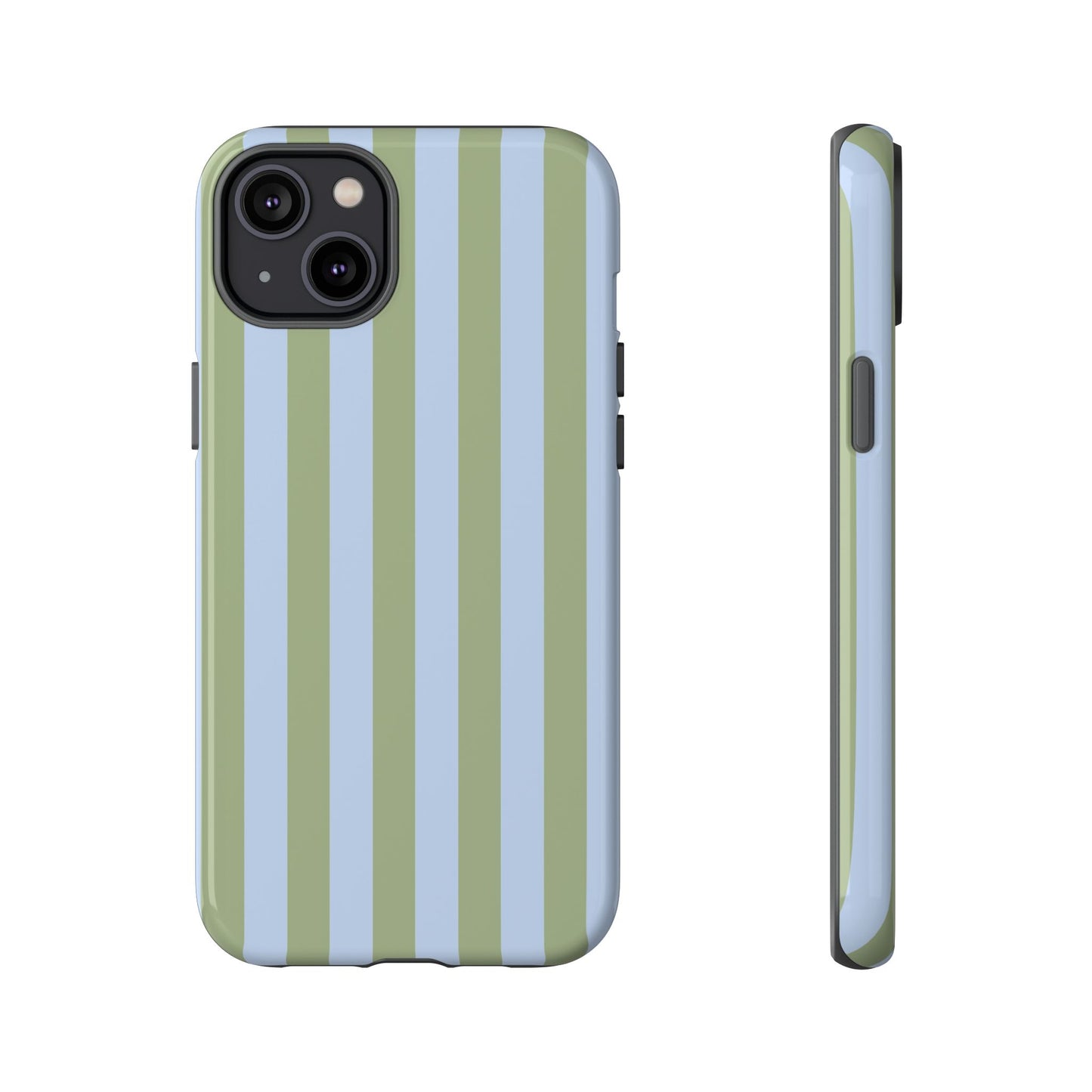 iPhone 14 Plus / Glossy Phone Case - Trendy Ice Blue & Green Stripe Pattern Phone Case