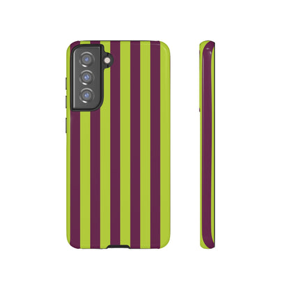 Samsung Galaxy S21 FE / Glossy Phone Case - Trendy Neon Lime Green & Plum Stripe Pattern Phone Case