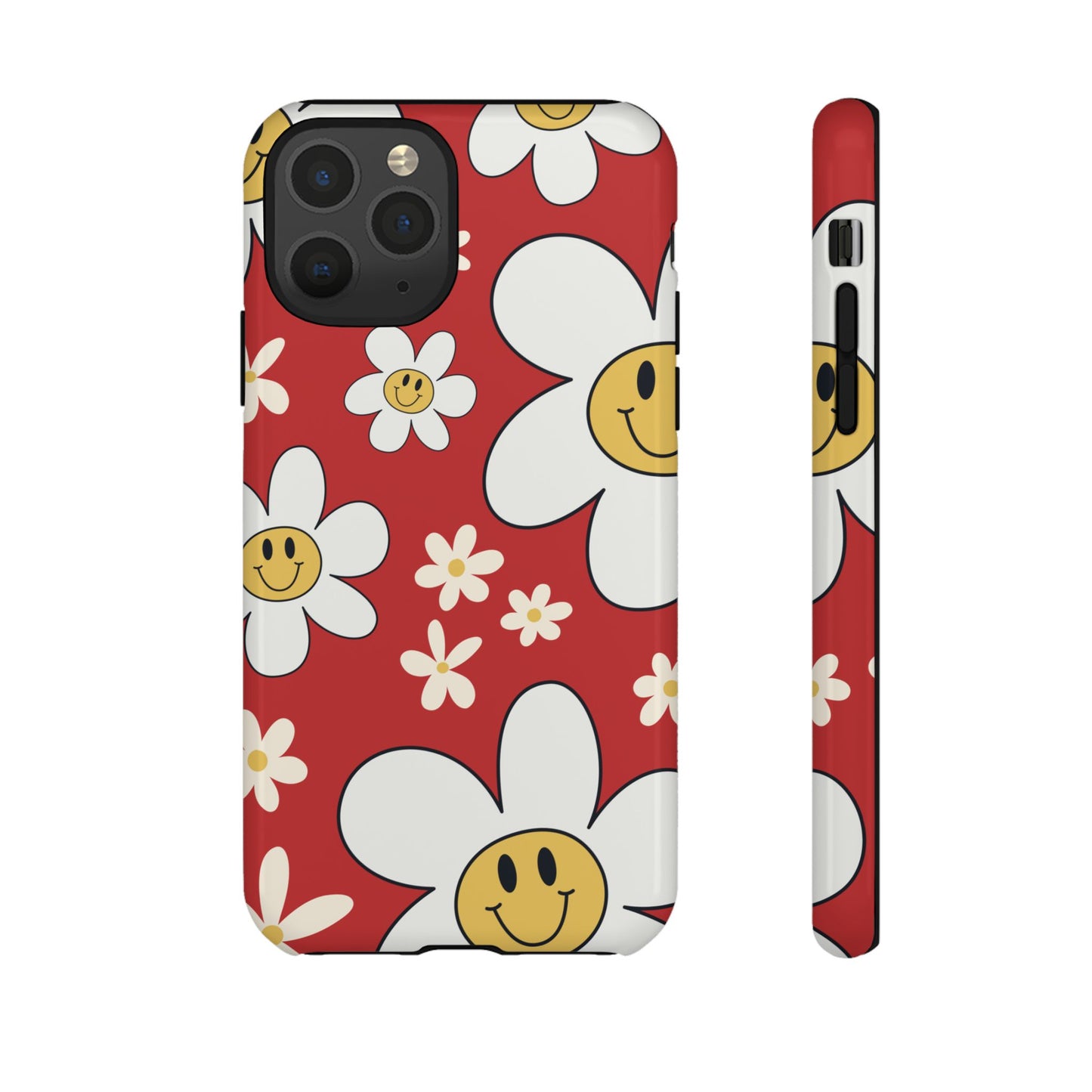 iPhone 11 Pro / Glossy Phone Case - Fun Retro Daisy Pattern with Red Background Phone Case