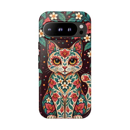 Vibrant Terracotta and Teal Calavera Cat Phone Case - Multicolor Phone Case - Google Pixel 9 Pro / Glossy