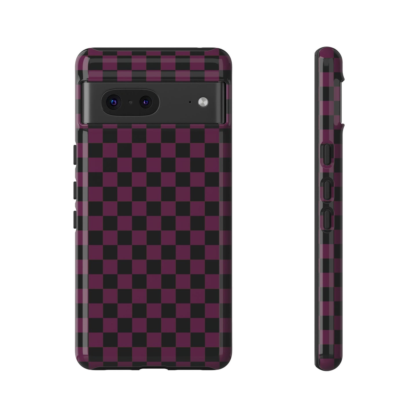 Google Pixel 7 / Glossy Phone Case - Trendy Plum & Black Small Checked Pattern Phone Case