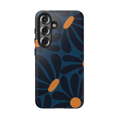Dark Blue & Orange Daisy Pattern Phone Case - Blue Phone Case - Samsung Galaxy S25 / Glossy