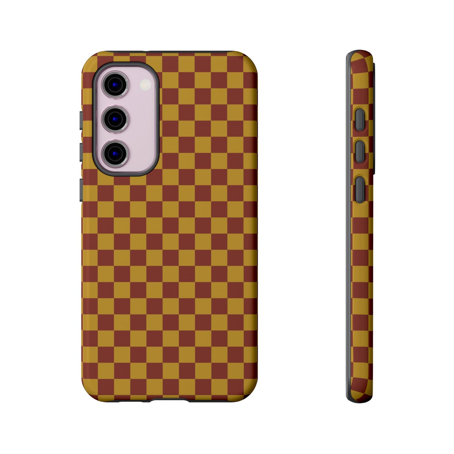 Samsung Galaxy S23 Plus / Glossy Phone Case - Trendy Mustard & Burgandy Small Checked Pattern Phone Case