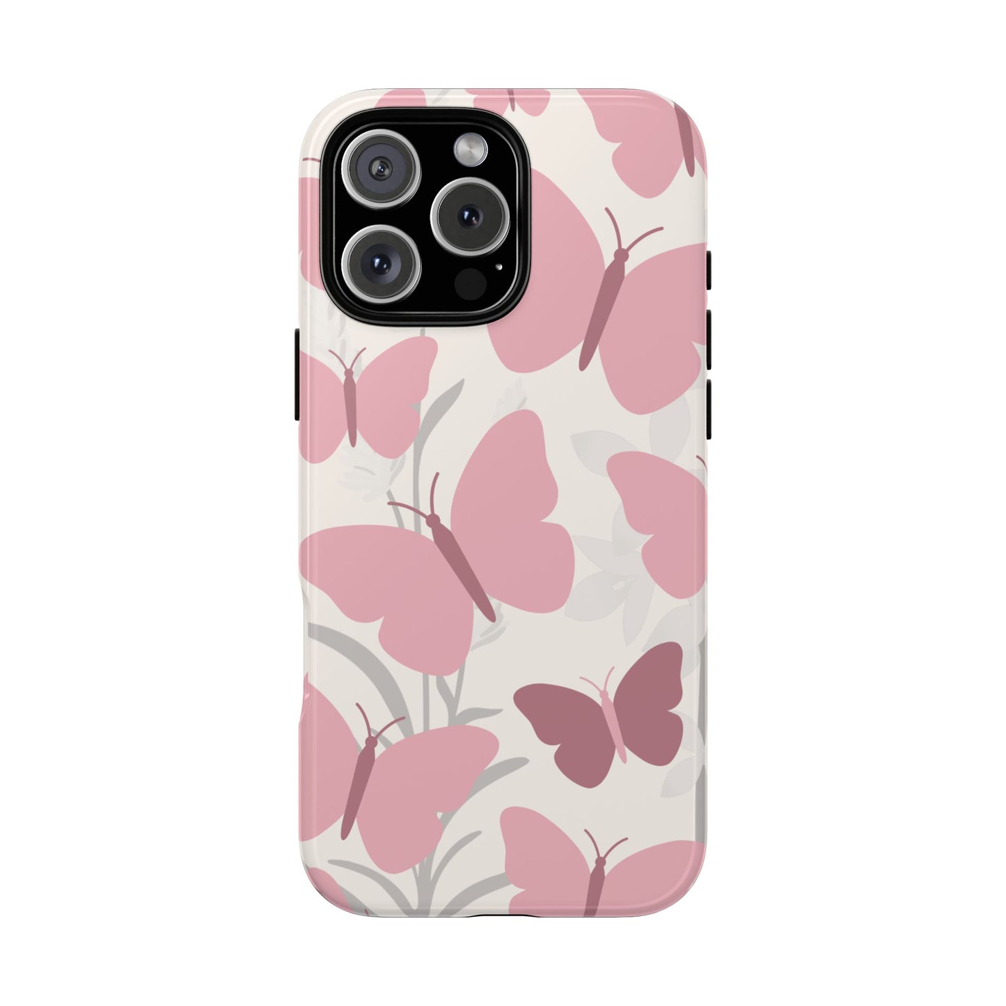 iPhone 16 Pro Max / Glossy Phone Case - Minimalist Cream & Pink Butterfly Pattern Phone Case