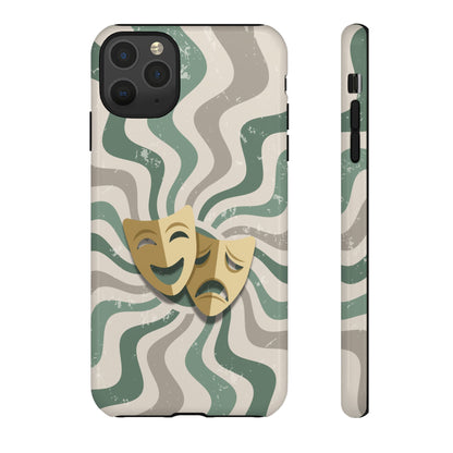 iPhone 11 Pro Max / Glossy Phone Case - Comedy & Tragedy Masks – Green Minimal Retro Wave Phone Case