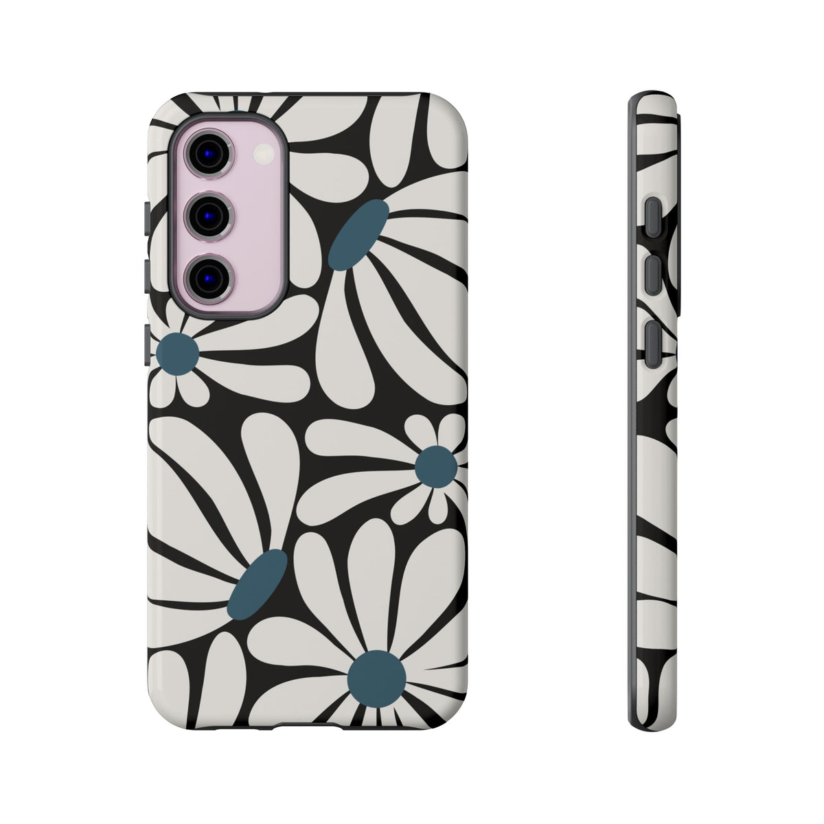 Retro Black Daisy Pattern Phone Case - Black Phone Case - Samsung Galaxy S23 Plus / Glossy
