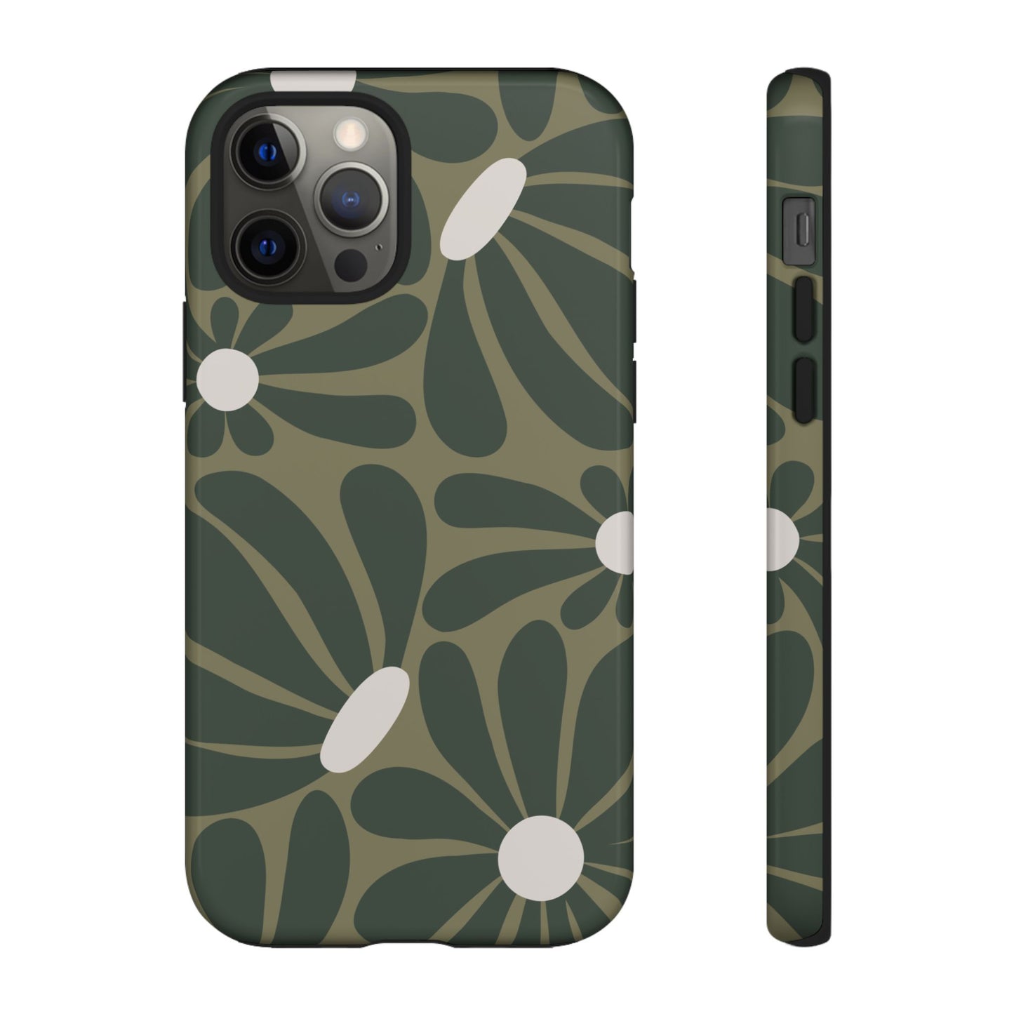 iPhone 12 Pro / Glossy Phone Case - ’Retro Olive Green Daisy Pattern’ Phone Case