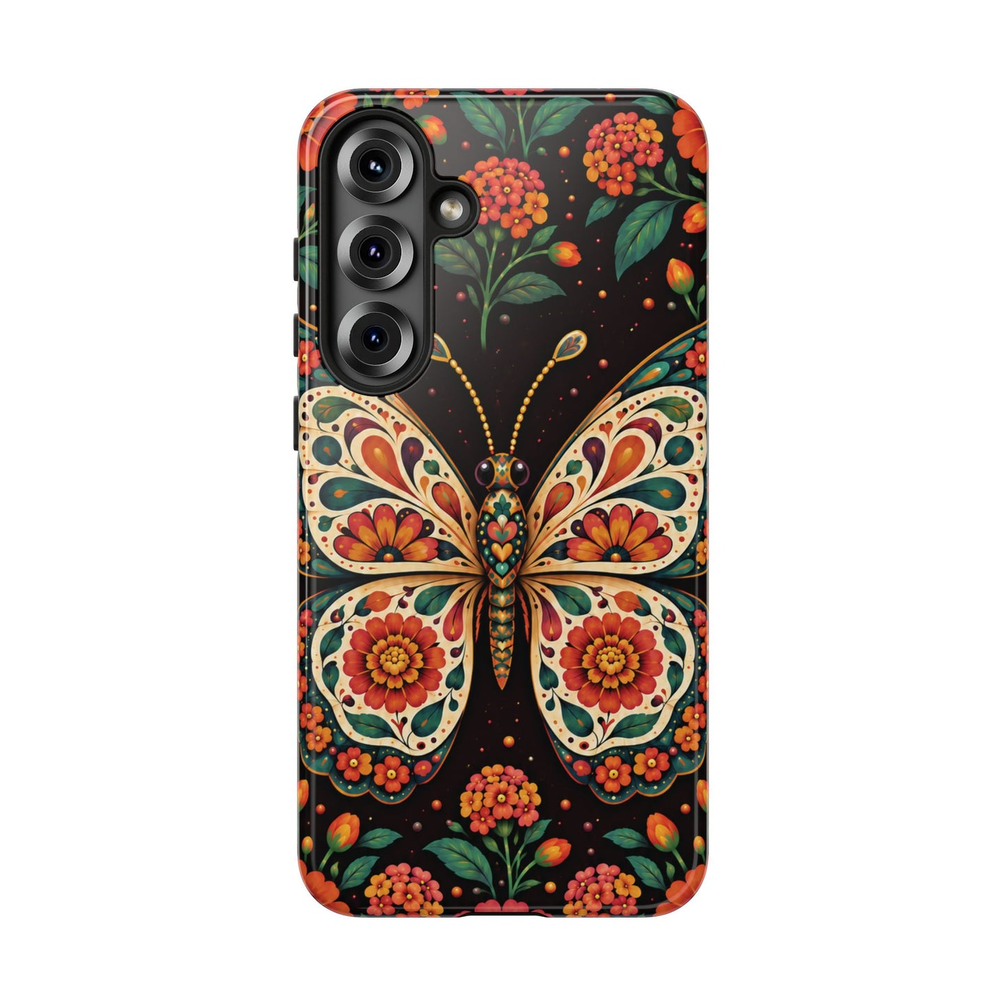 Vibrant Terracotta and Teal Calavera Butterfly Phone Case - Multicolor Phone Case - Samsung Galaxy S25 Plus / Glossy