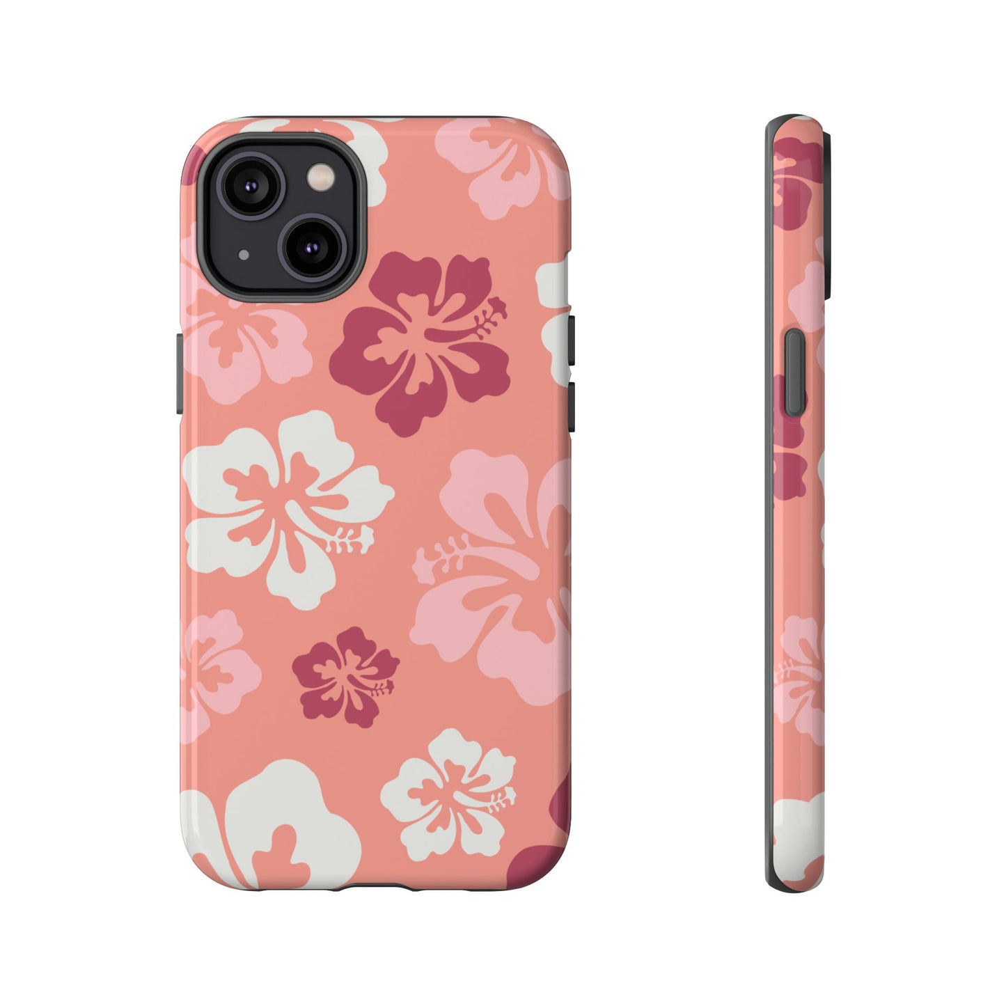 iPhone 14 Plus / Glossy Phone Case - ’Pink Hibiscus Retro Pattern #3’ Phone Case