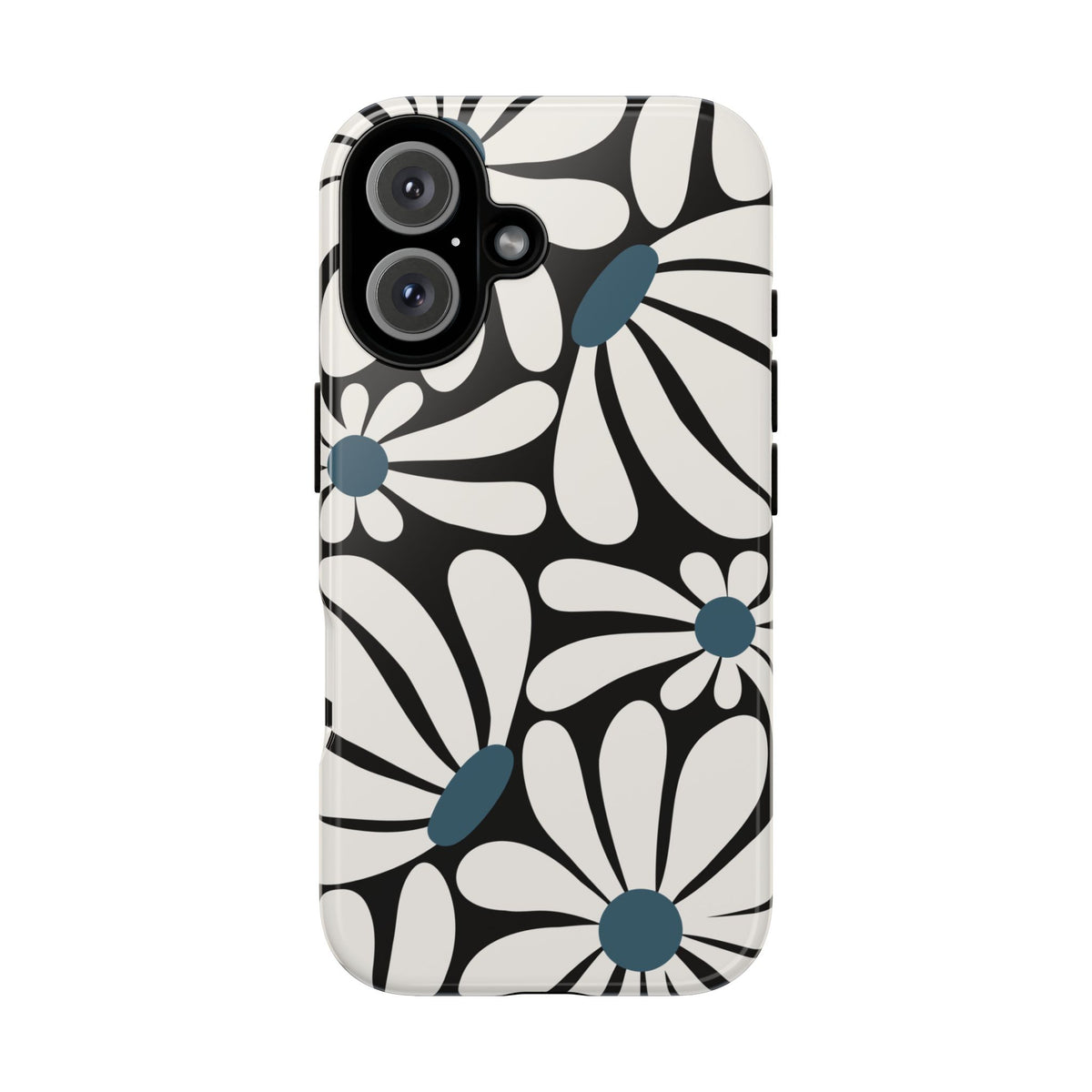 Retro Black Daisy Pattern Phone Case - Black Phone Case - iPhone 16 / Glossy