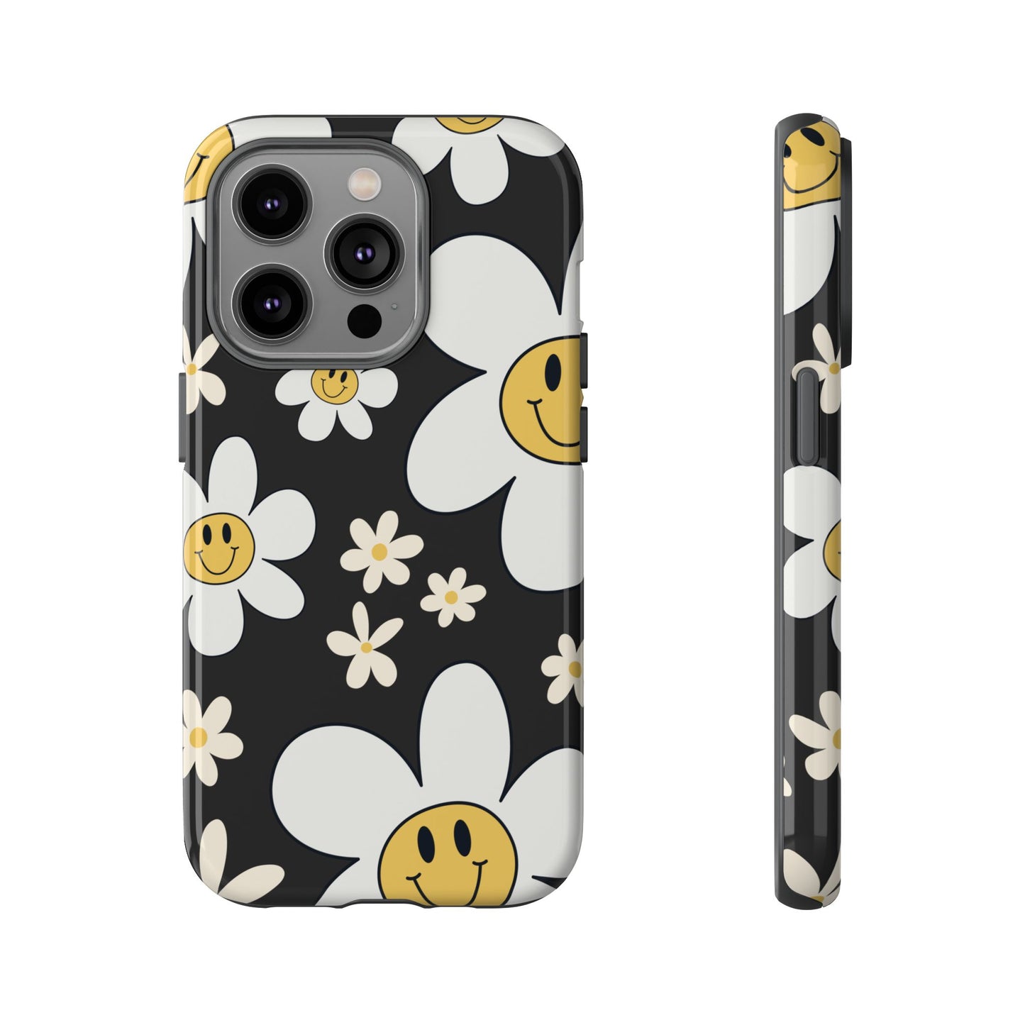 iPhone 14 Pro / Glossy Phone Case - Fun Retro Daisy Pattern with Dark Grey Background Phone Case