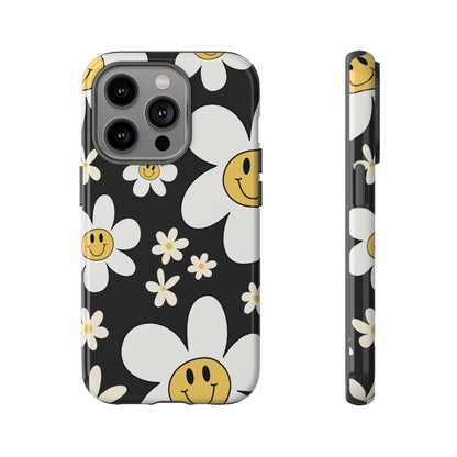 iPhone 14 Pro / Glossy Phone Case - Fun Retro Daisy Pattern with Dark Grey Background Phone Case