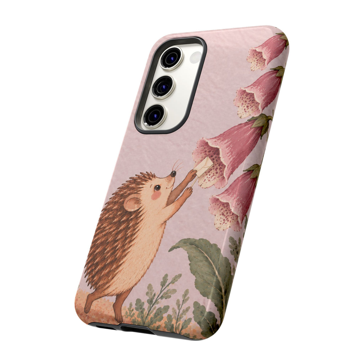 Whimsical Blush Pink Hedgehog and Foxglove Phone Case - Pink Phone Case