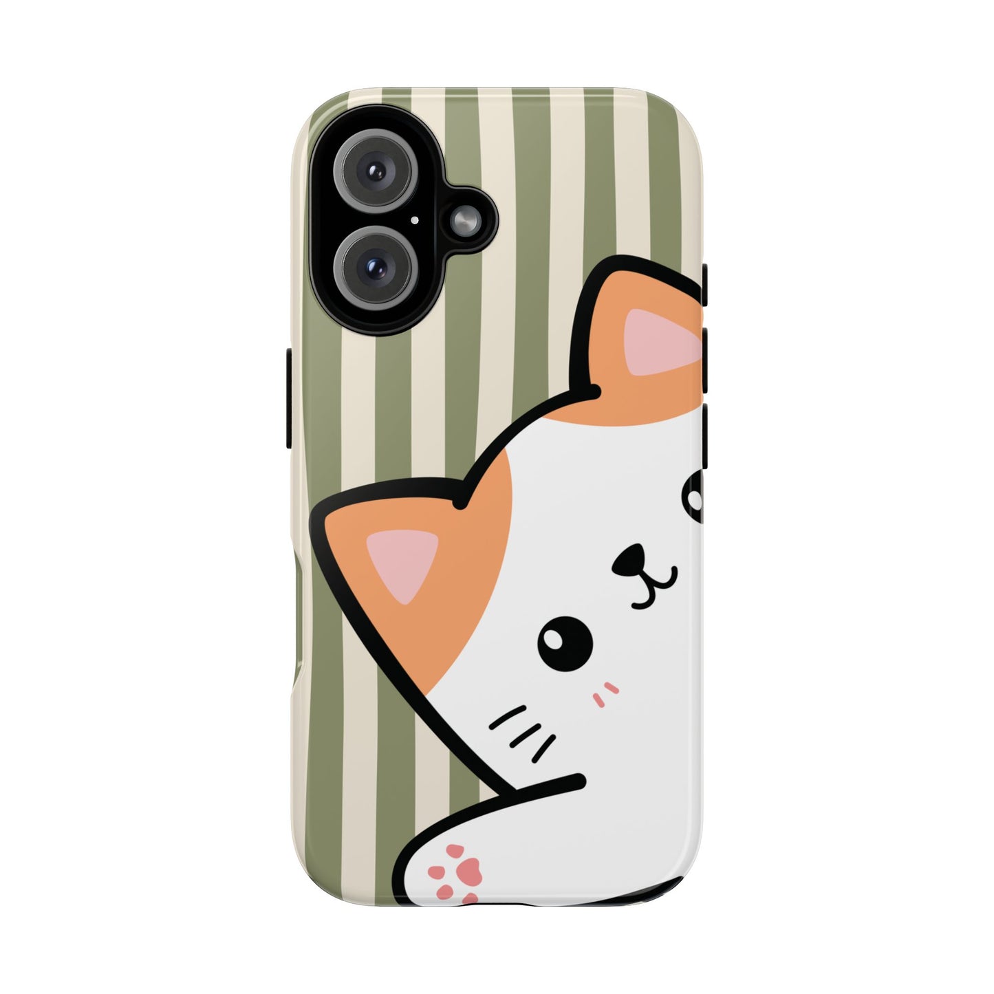 iPhone 16 / Glossy Phone Case - Peakaboo Cat with Green Stripe Pattern Phone Case