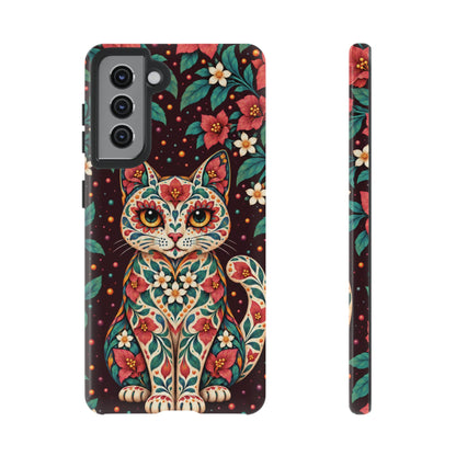 Vibrant Terracotta and Teal Calavera Cat Phone Case - Multicolor Phone Case - Samsung Galaxy S21 / Glossy