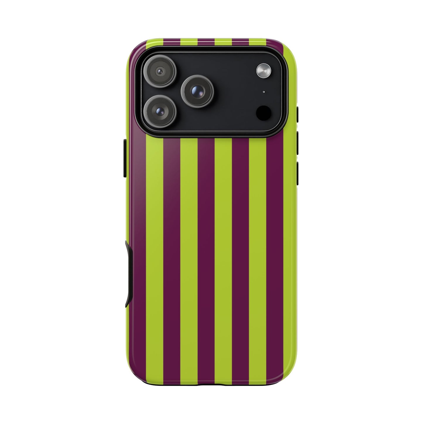 iPhone 17 Pro Max / Glossy Phone Case - Trendy Neon Lime Green & Plum Stripe Pattern Phone Case