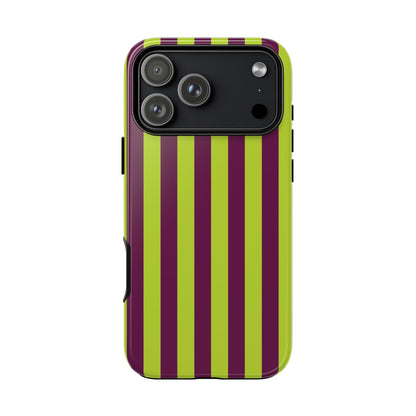 iPhone 17 Pro Max / Glossy Phone Case - Trendy Neon Lime Green & Plum Stripe Pattern Phone Case