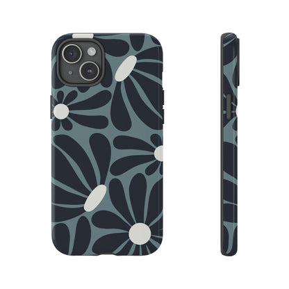 iPhone 15 Plus / Glossy Phone Case - ’Retro Navy Blue & White Daisy Pattern’ Phone Case