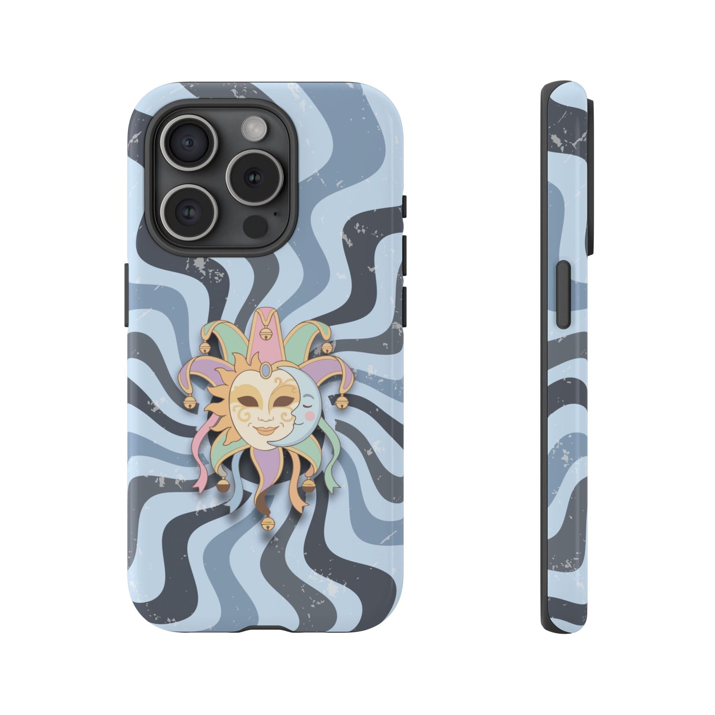iPhone 15 Pro / Glossy Phone Case - Sun & Moon Jester Mask – Blue Retro Wave Phone Case