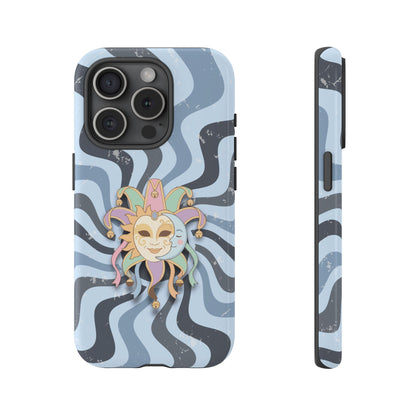 iPhone 15 Pro / Glossy Phone Case - Sun & Moon Jester Mask – Blue Retro Wave Phone Case