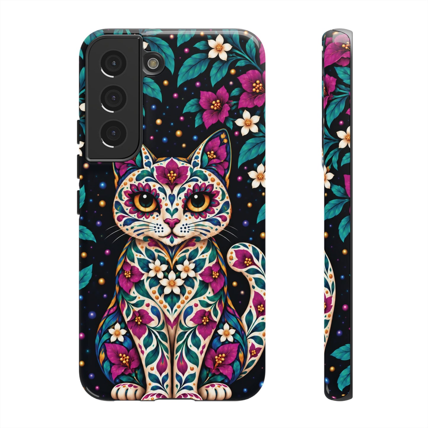 Vibrant Purple and Teal Calavera Cat Phone Case - Multicolor Phone Case - Samsung Galaxy S22 / Glossy