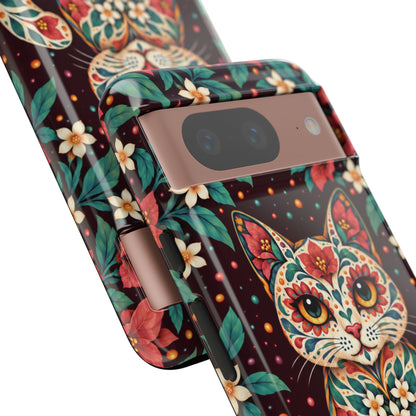 Vibrant Terracotta and Teal Calavera Cat Phone Case - Multicolor Phone Case