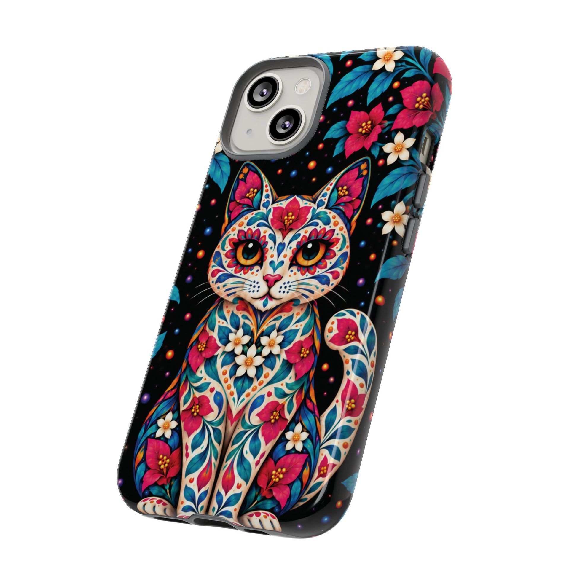 Vibrant Pink and Turquoise Calavera Cat Phone Case - Multicolor Phone Case