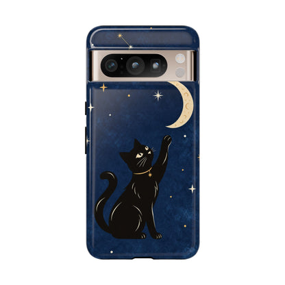 Whimsical Navy Blue Celestial Black Cat Phone Case