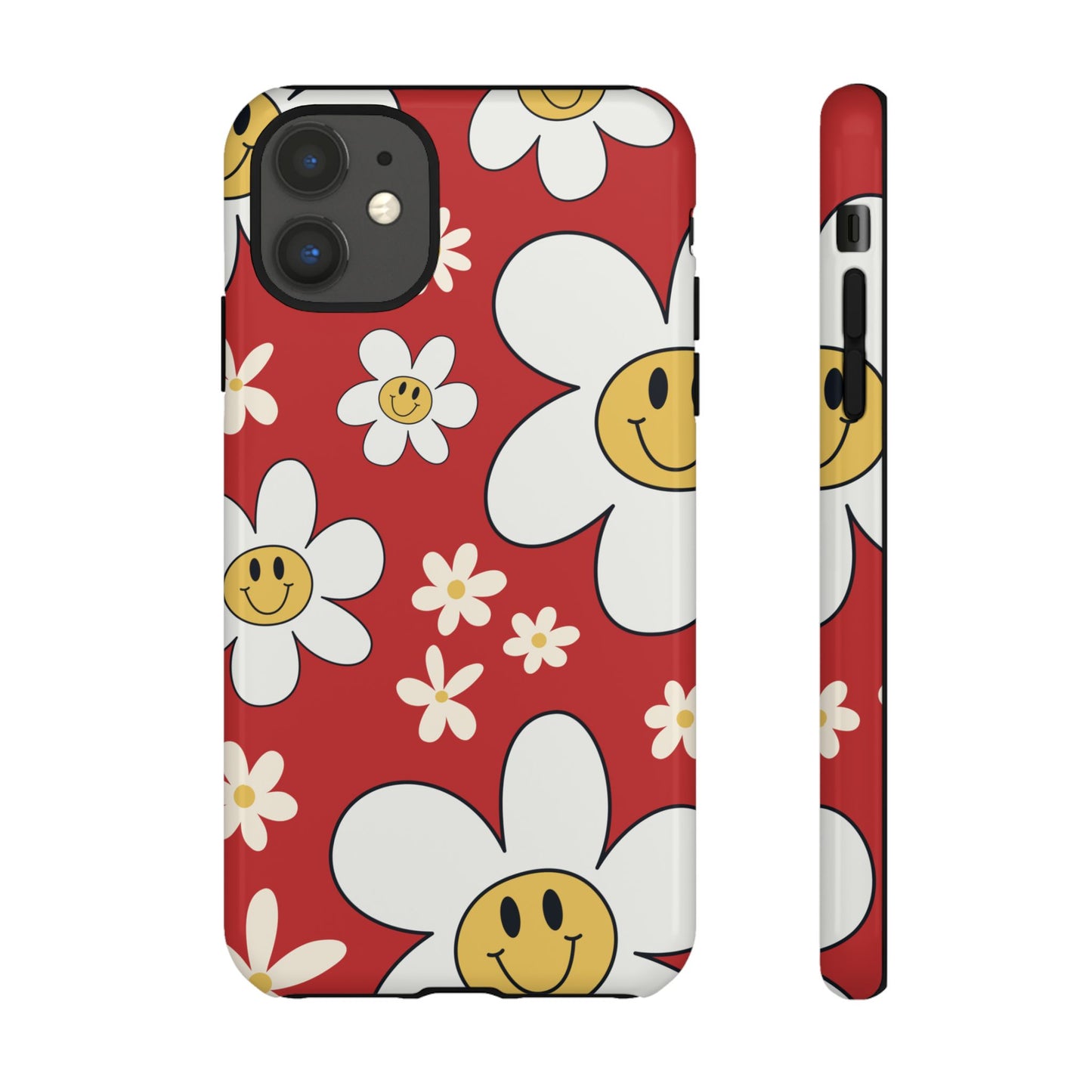 iPhone 11 / Glossy Phone Case - Fun Retro Daisy Pattern with Red Background Phone Case
