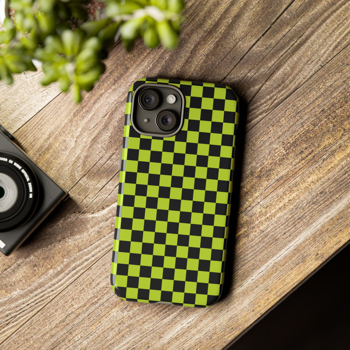 Trendy Neon Lime Green & Black Small Checked Pattern Phone Case - Green Phone Case