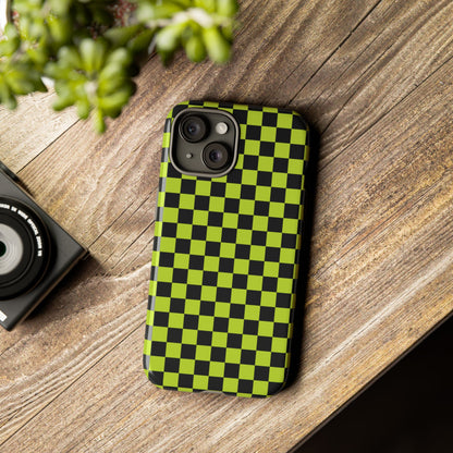 Trendy Neon Lime Green & Black Small Checked Pattern Phone Case - Green Phone Case