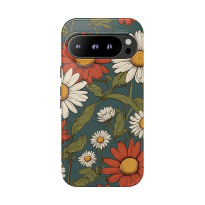 Google Pixel 9 Pro / Glossy Phone Case - Boho Chic Daisies Floral Pattern ’White & Red’ Phone Case