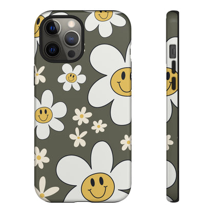 iPhone 12 Pro Max / Glossy Phone Case - Fun Retro Daisy Pattern with Olive Green Background Phone Case