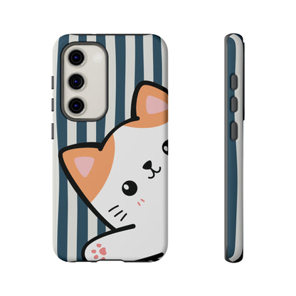Playful Peakaboo Cat with Blue Stripe Pattern Phone Case - Blue Phone Case - Samsung Galaxy S23 / Glossy