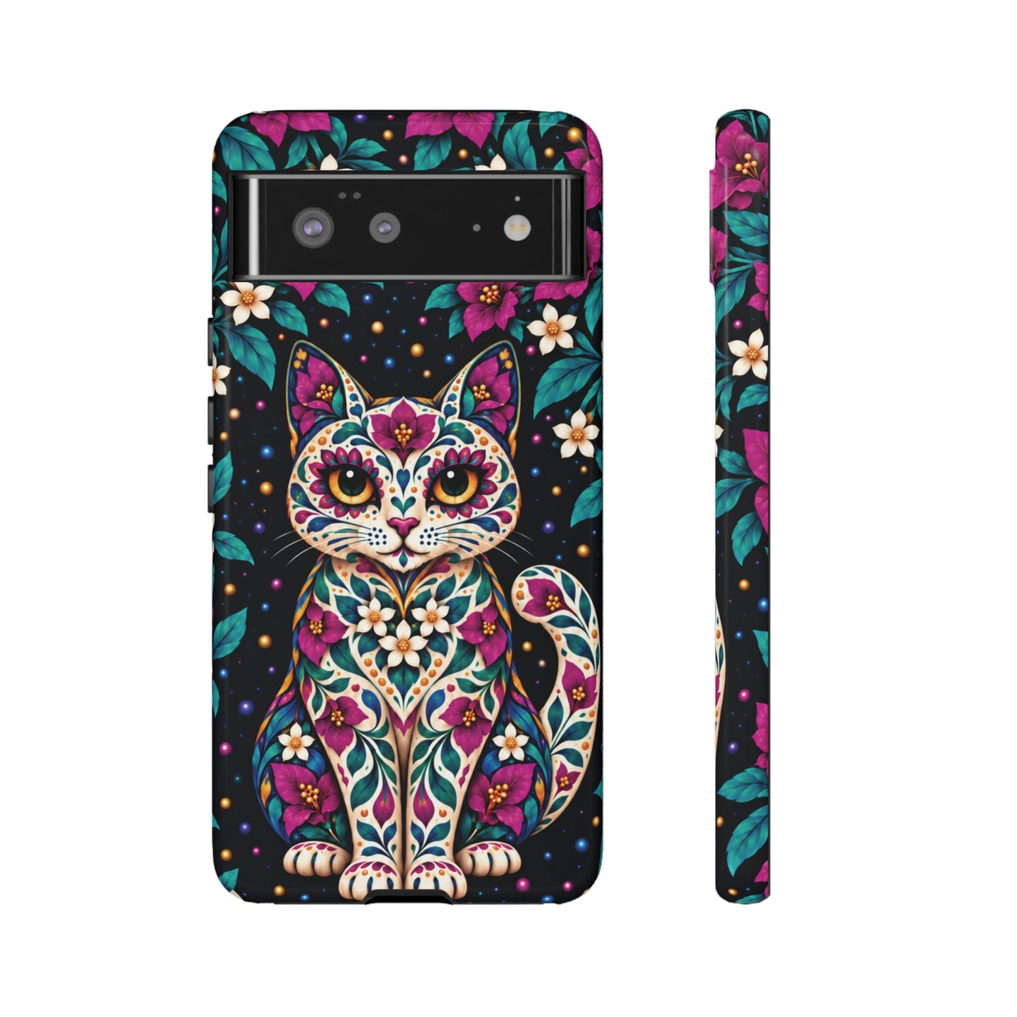 Vibrant Purple and Teal Calavera Cat Phone Case - Multicolor Phone Case - Google Pixel 6 / Glossy