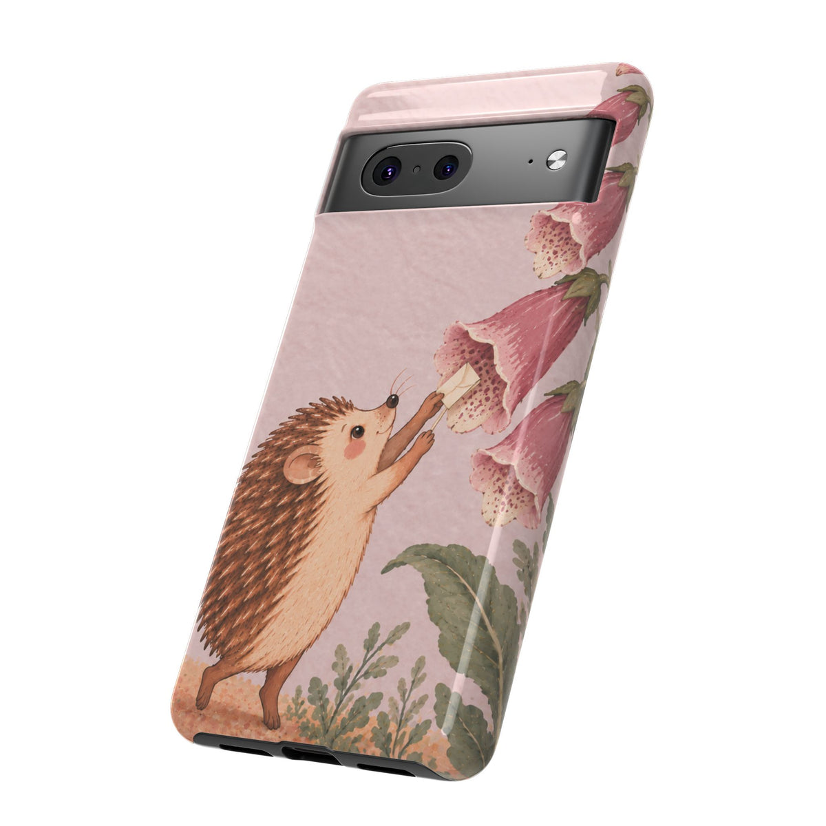 Whimsical Blush Pink Hedgehog and Foxglove Phone Case - Pink Phone Case