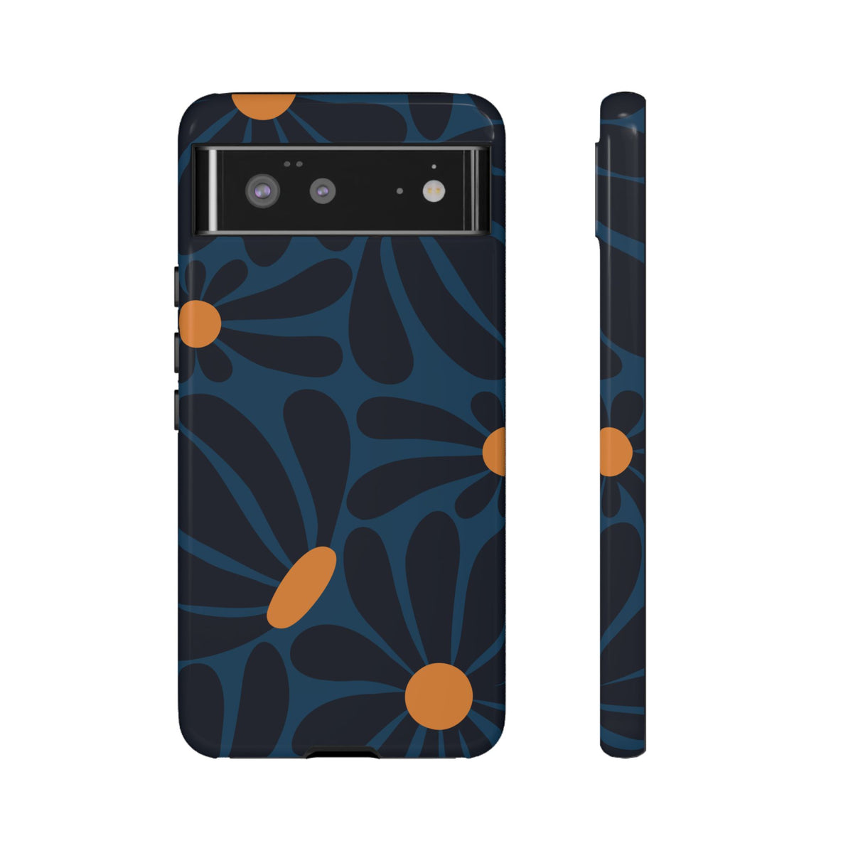 Dark Blue & Orange Daisy Pattern Phone Case - Blue Phone Case - Google Pixel 6 / Glossy