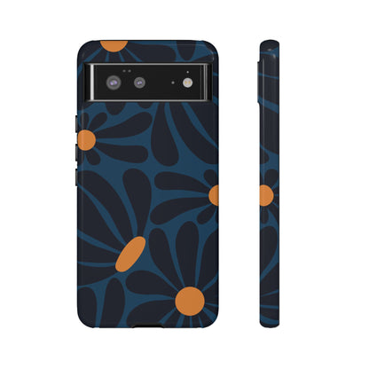 Dark Blue & Orange Daisy Pattern Phone Case - Blue Phone Case - Google Pixel 6 / Glossy
