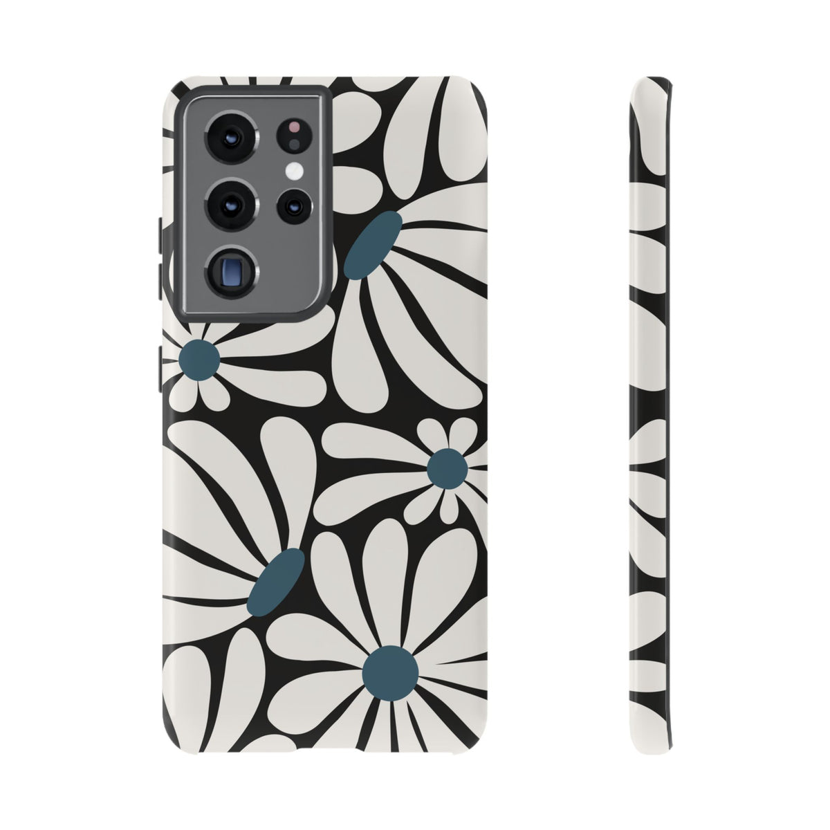 Retro Black Daisy Pattern Phone Case - Black Phone Case - Samsung Galaxy S21 Ultra / Glossy