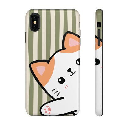 iPhone XS MAX / Glossy Phone Case - Peakaboo Cat with Green Stripe Pattern Phone Case