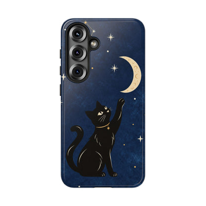 Whimsical Navy Blue Celestial Black Cat Phone Case